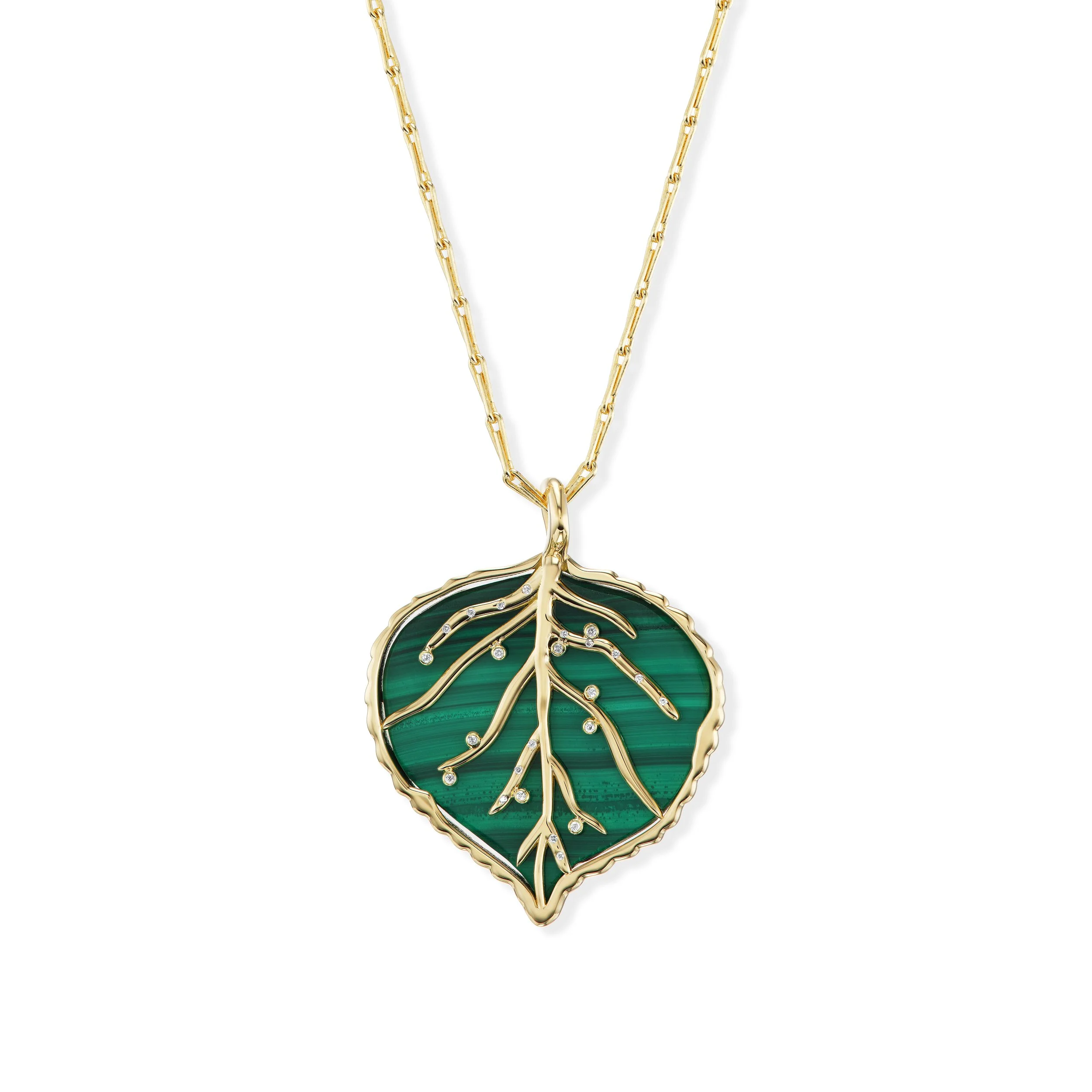Brent Neale Carved Malachite and 18K Gold Large Aspen Leaf